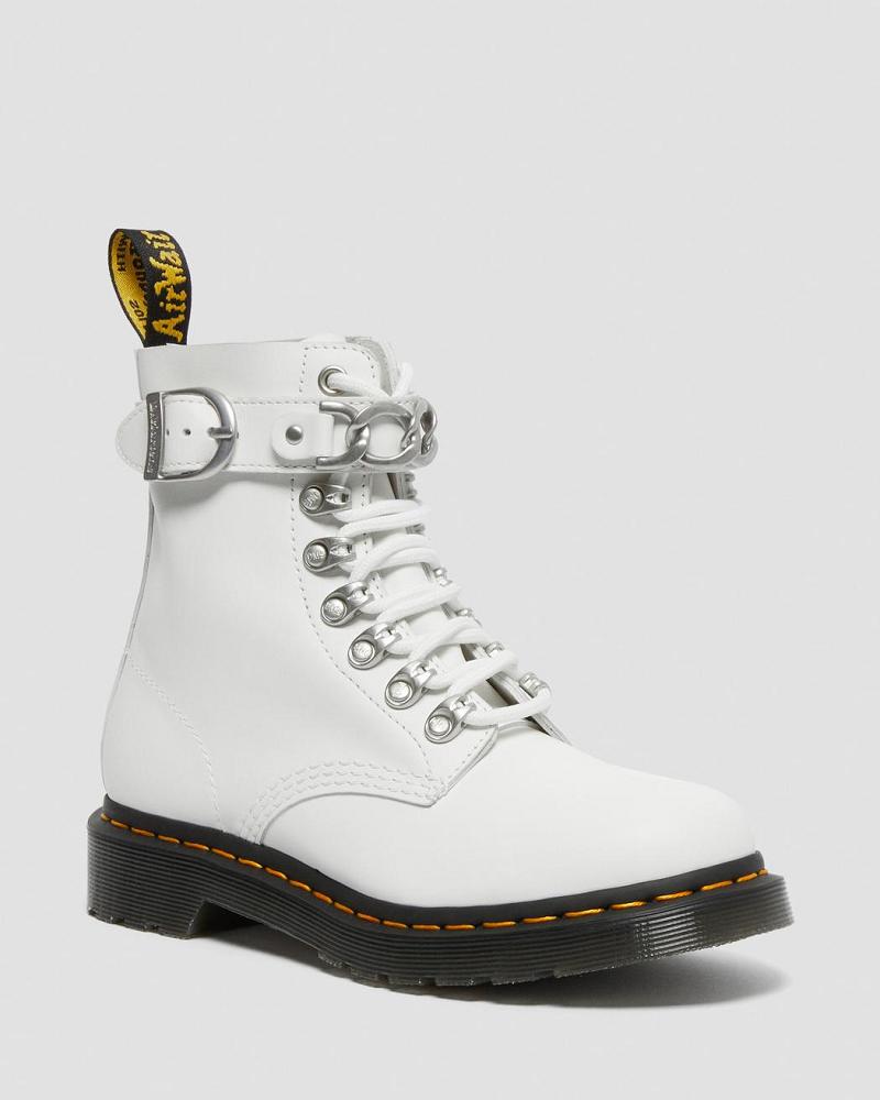 White Women\'s Dr Martens 1460 Pascal Chain Leather Lace Up Boots | CA 180GSO